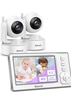Baby Monitor with 2 Cameras and Audio, 4.3'' IPS Split-Screen Monitor with 29-Hour Battery, 1000ft Range Pan-Tilt-Zoom Video Baby Monitor No WiFi, 2X Zoom