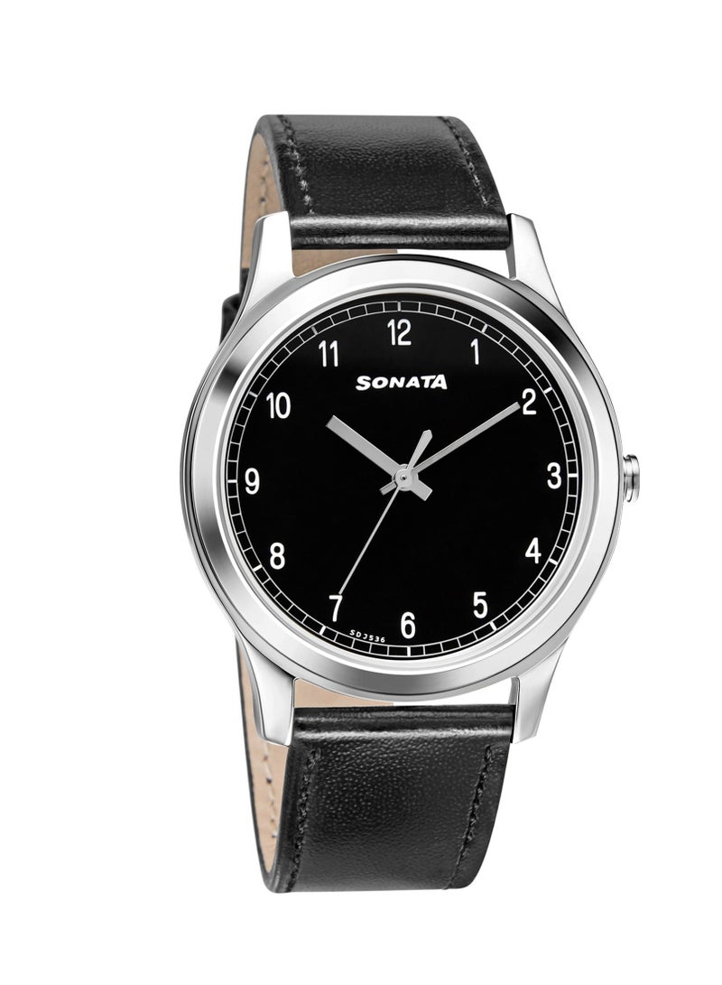 Sonata Quartz Analog Black Dial Leather Strap Watch for Men - Image 1