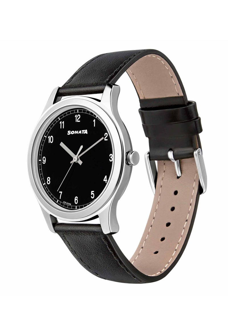 Sonata Quartz Analog Black Dial Leather Strap Watch for Men - Image 2