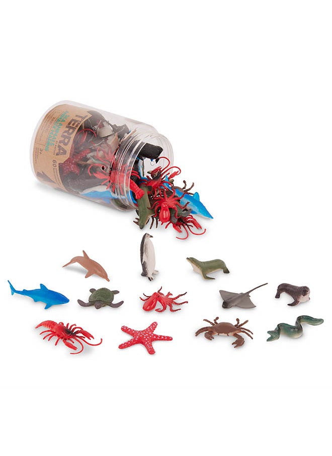 Terra by Battat - 60 pcs Sea Animal Figurines Container, Plastic Mini Sea Animal Toys - Sharks, Dolphins, Penguins, Turtles, Crabs, Starfish & More for Kids and Toddlers 3 Years+ - Image 1