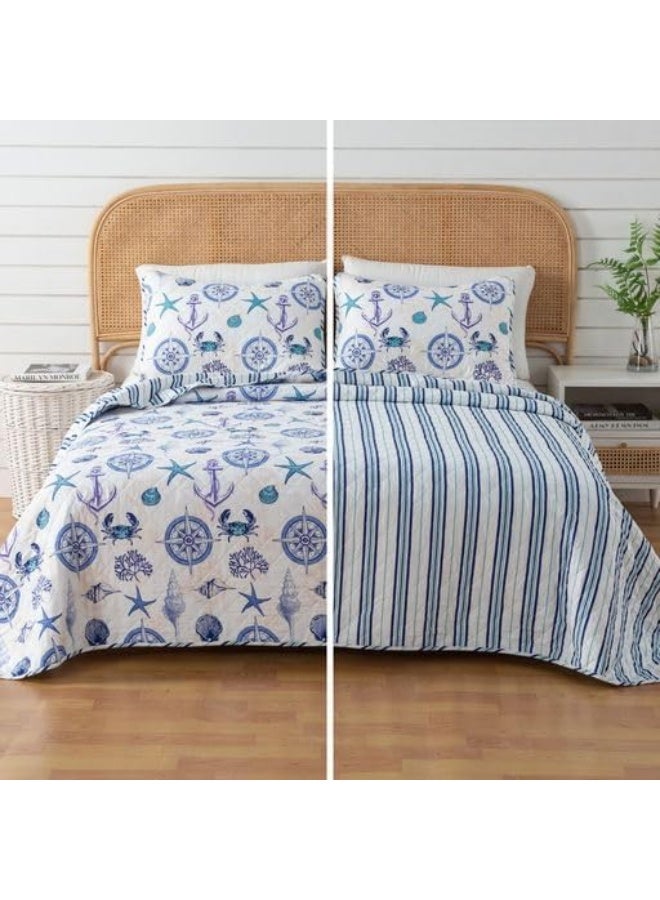 Great Bay Home King Coastal Quilt Bedding Set, Summer Coastal Quilt with Shams, Beach 3-Piece Reversible All Season Bedspread Quilt Set. Lightweight Nautical Quilted Coverlet. Azure Collection, Blue Seashells - Image 3