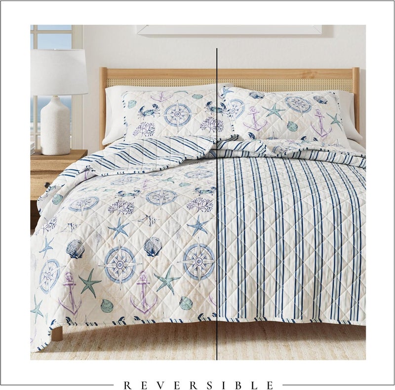 Great Bay Home King Coastal Quilt Bedding Set, Summer Coastal Quilt with Shams, Beach 3-Piece Reversible All Season Bedspread Quilt Set. Lightweight Nautical Quilted Coverlet. Azure Collection, Blue Seashells - Image 4