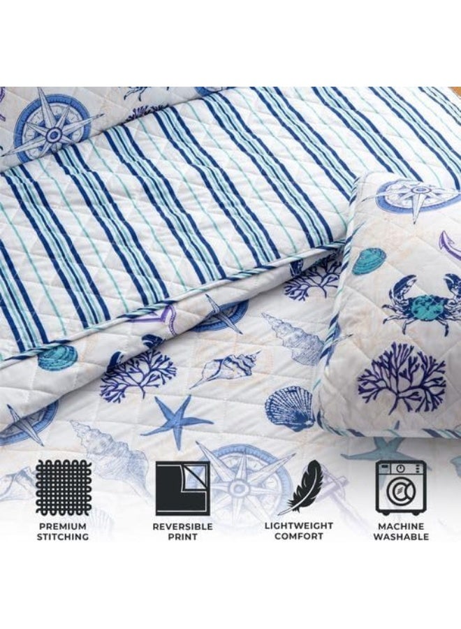 Great Bay Home King Coastal Quilt Bedding Set, Summer Coastal Quilt with Shams, Beach 3-Piece Reversible All Season Bedspread Quilt Set. Lightweight Nautical Quilted Coverlet. Azure Collection, Blue Seashells - Image 2