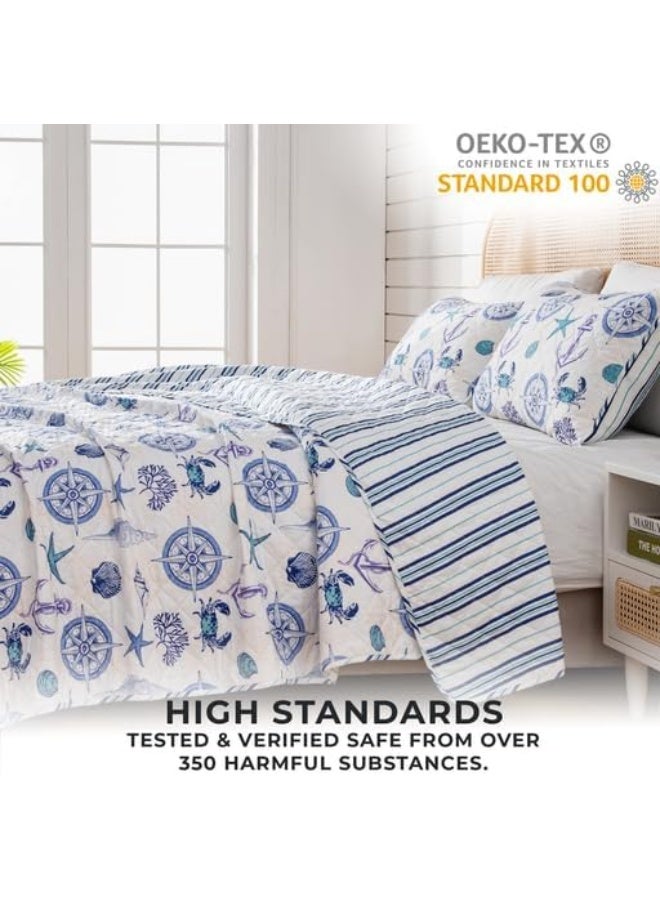 Great Bay Home King Coastal Quilt Bedding Set, Summer Coastal Quilt with Shams, Beach 3-Piece Reversible All Season Bedspread Quilt Set. Lightweight Nautical Quilted Coverlet. Azure Collection, Blue Seashells - Image 5