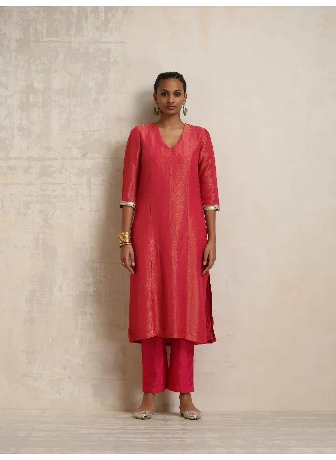 trueBrowns Hot Pink Tissue Straight Kurta Set