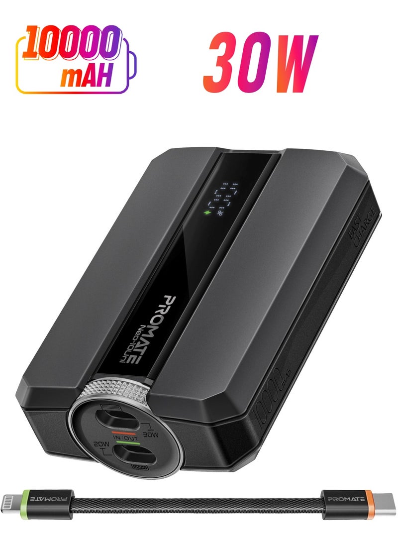 PROMATE 10000 mAh 10000mAh Power Bank with Triple-Device Charging, Double-ended Type-C and Lightning cable, USB-C & Lightning Ports, 30W Output, LED Display, Neo-10Uni Black - Image 1