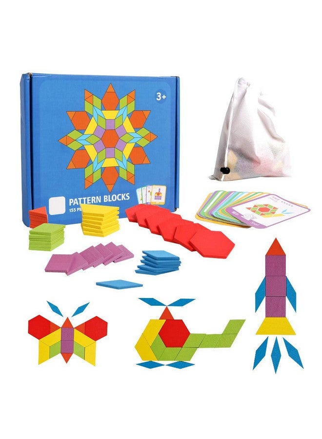 kizh Wooden Pattern Blocks Set 155 Pcs Geometric Shape Puzzle Kindergarten Tangram Brain Teasers Early Educational Montessori For Kids Ages 3-8 With 24 Pcs Design Cards - Image 1