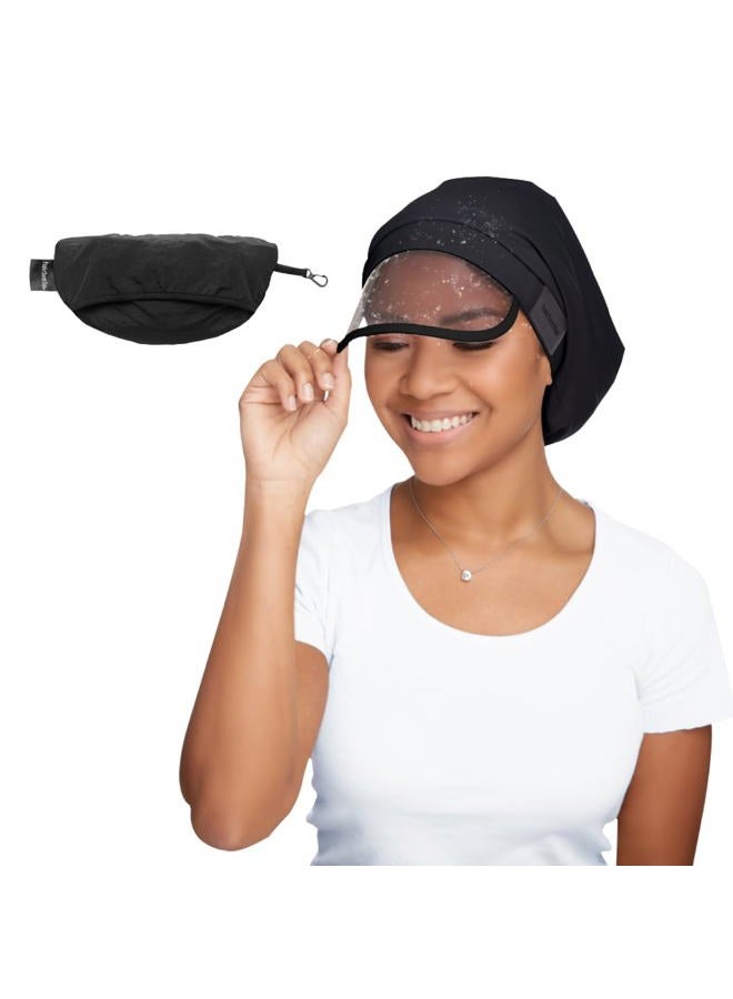 Hairbrella قبعات مطر 100% مقاومة للماء للنساء، قبعات مبطنة بالساتان، تغطية كاملة للشعر، ملحق سفر قابل للتعبئة باللون الأسود - Image 1