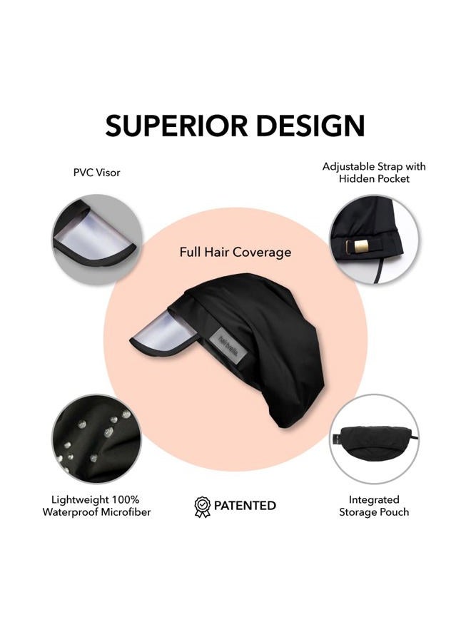 Hairbrella قبعات مطر 100% مقاومة للماء للنساء، قبعات مبطنة بالساتان، تغطية كاملة للشعر، ملحق سفر قابل للتعبئة باللون الأسود - Image 3