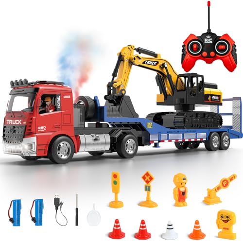 Fistone RC SemiTrailer Truck Friction Powered Excavator Toy Set 124 Scale with Sound and Lights 6 CH Remote Control Flatbed Truck and InertiaPowered Excavator Toys for Kids BoysRed - Image 1