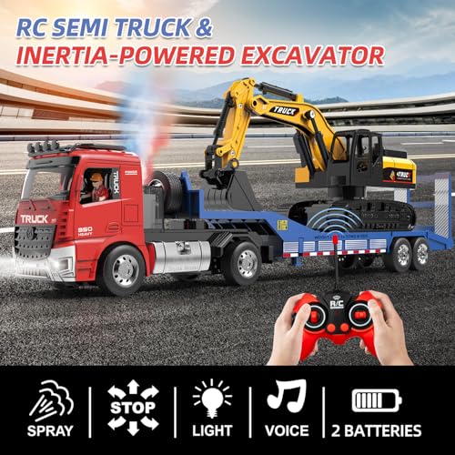 Fistone RC SemiTrailer Truck Friction Powered Excavator Toy Set 124 Scale with Sound and Lights 6 CH Remote Control Flatbed Truck and InertiaPowered Excavator Toys for Kids BoysRed - Image 5
