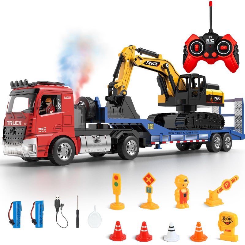 Fistone RC SemiTrailer Truck Friction Powered Excavator Toy Set 124 Scale with Sound and Lights 6 CH Remote Control Flatbed Truck and InertiaPowered Excavator Toys for Kids BoysRed - Image 3