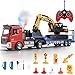 Fistone RC SemiTrailer Truck Friction Powered Excavator Toy Set 124 Scale with Sound and Lights 6 CH Remote Control Flatbed Truck and InertiaPowered Excavator Toys for Kids BoysRed - Image 2