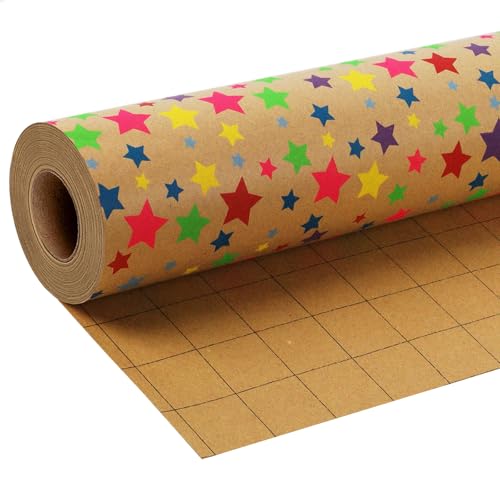 BIOBROWN Kraft Wrapping Paper Roll Colorful Stars Design Perfect for Birthday Holiday Wrap 17 inch X 33 feet - Image 1
