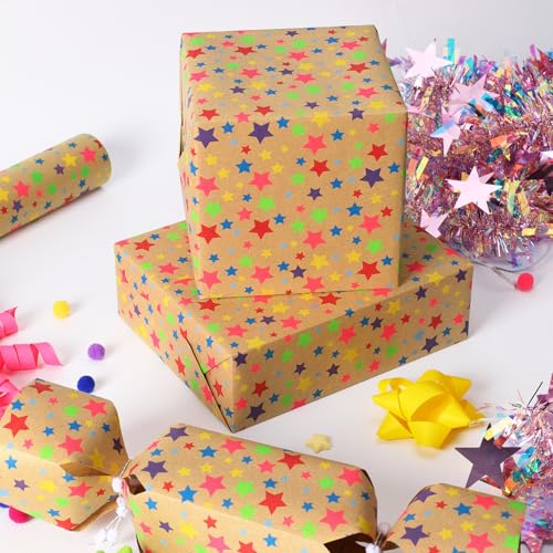 BIOBROWN Kraft Wrapping Paper Roll Colorful Stars Design Perfect for Birthday Holiday Wrap 17 inch X 33 feet - Image 2