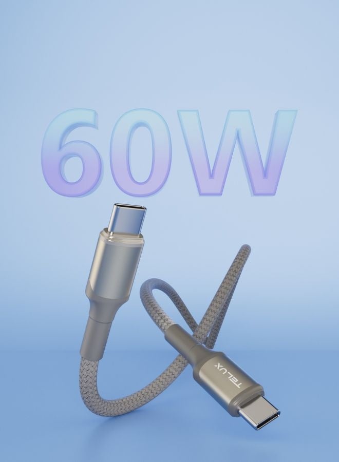 TELUX FLEXIX USB-C to USB-C Braided Cable 1m, 60W PD Fast Charging, Laptop Compatible, Wear-Resistant Nylon Braid, 10000+ Bend Lifespan, 480Mbps Data Transfer, Titanium - Image 3