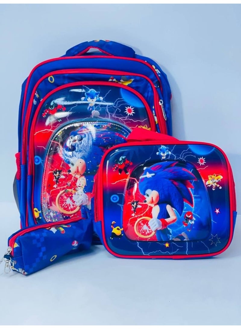 3-in-1 school bag set: includes the backpack, a lunch box, and a pencil case. Features a 3D embossed design on the front and is made of waterproof material; available in various colors and styles. The bag has three zippered compartments and measures 43 cm. - Image 1