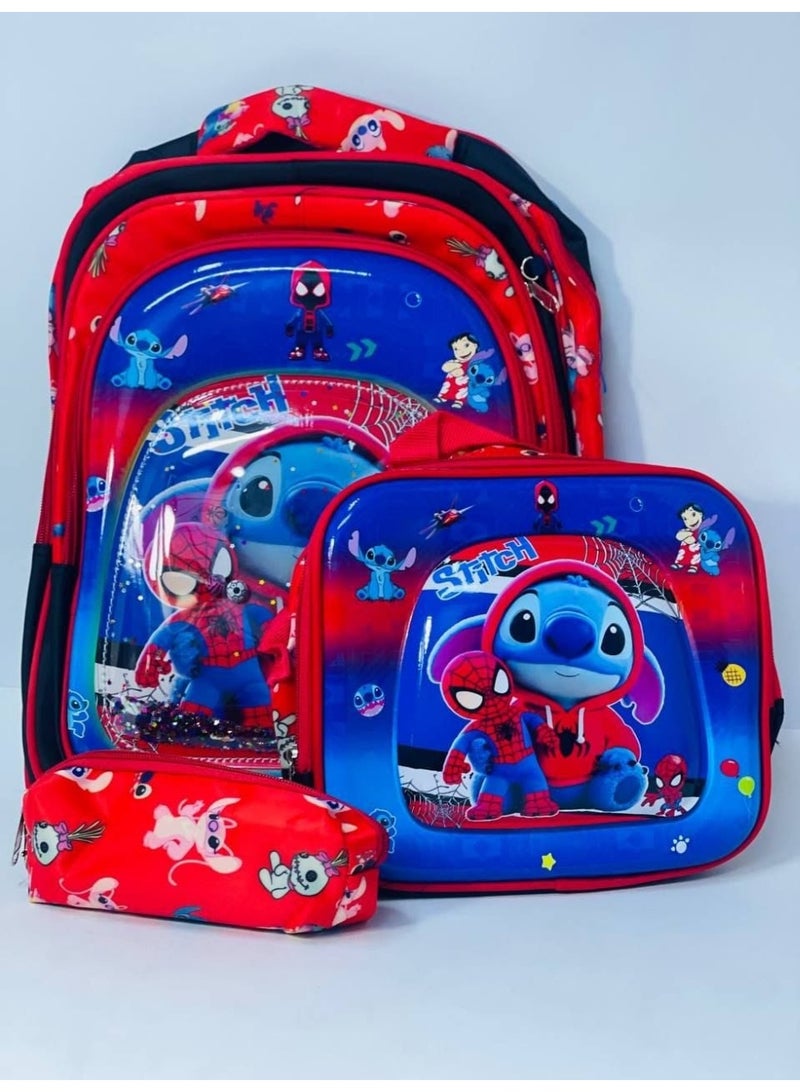 3-in-1 school bag set: includes the backpack, a lunch box, and a pencil case. Features a 3D embossed design on the front and is made of waterproof material; available in various colors and styles. The bag has three zippered compartments and measures 43 cm. - Image 2