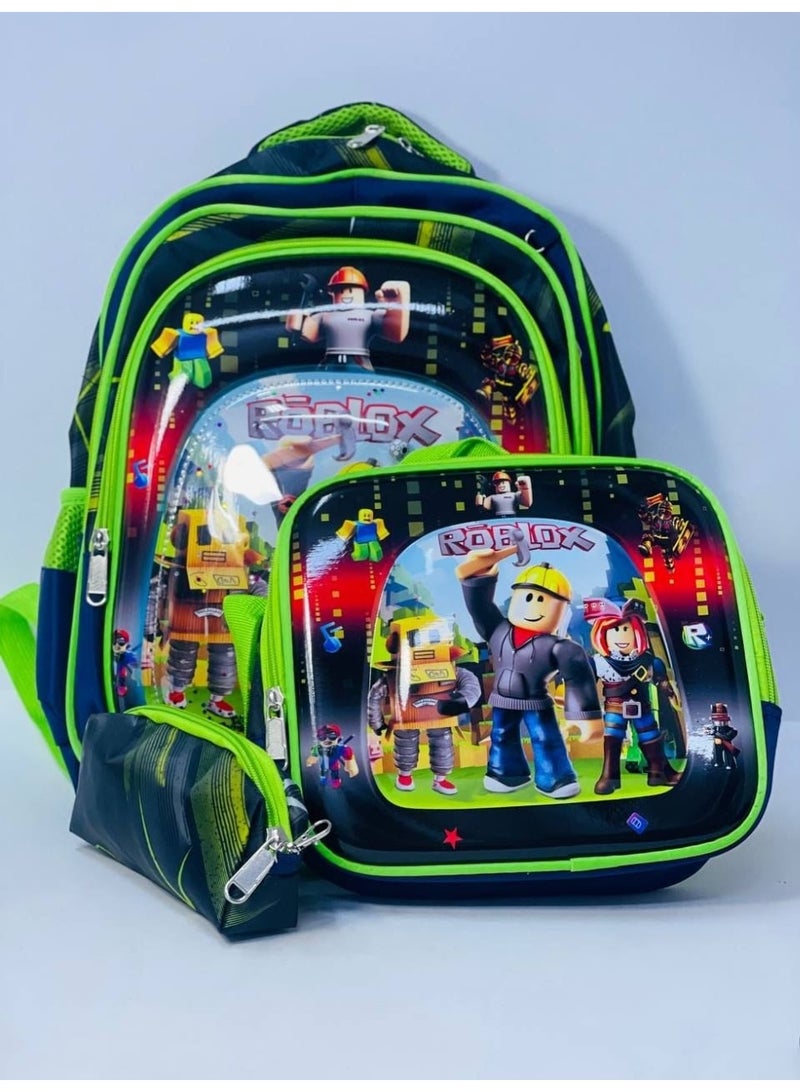 3-in-1 school bag set: includes the backpack, a lunch box, and a pencil case. Features a 3D embossed design on the front and is made of waterproof material; available in various colors and styles. The bag has three zippered compartments and measures 43 cm. - Image 3