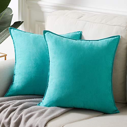 Fancy Homi 2 Packs Premium Faux Suede Decorative Throw Pillow Covers Super Soft Square Pillow CaseSolid Cushion Cover for CouchSofaBedroom 16x 16Set of 2 Turquoise - Image 1