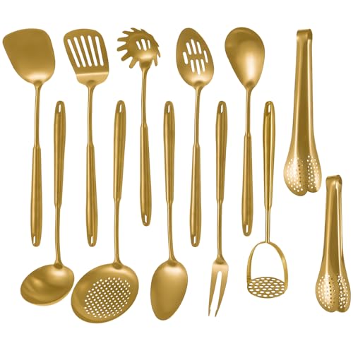 304 Stainlss Steel Matte Kitchen Utensils Set 12 Pcs Long Metal Cooking Utensil Gadgets Tools Set with Spatula Ladle Spoon Ladle Skimmer Tunner Pasta Server TongsGold Dishwasher Safe