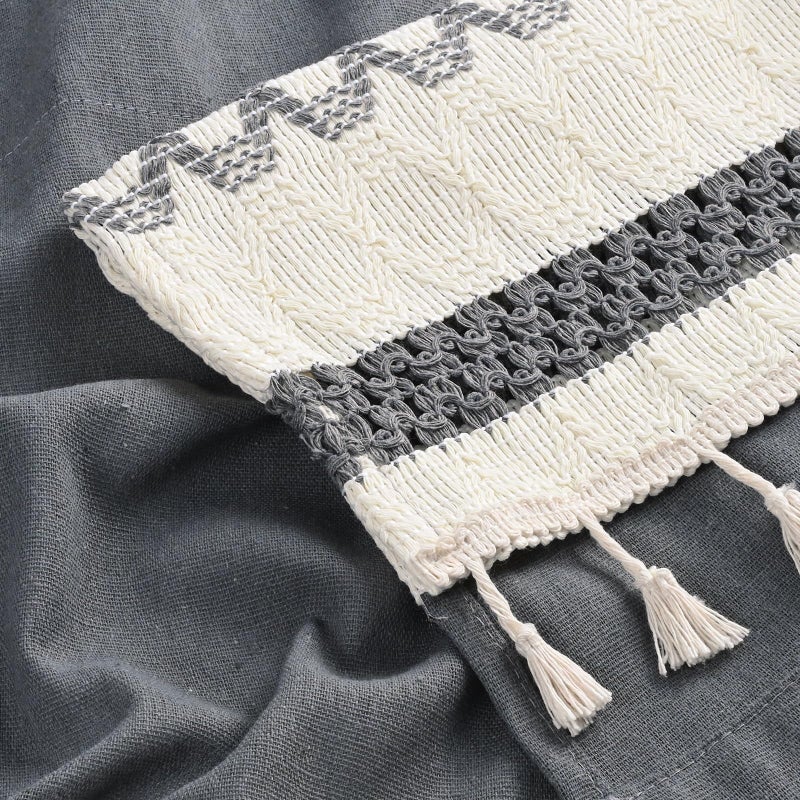 FRAMICS Farmhouse Linen Valance for Windows Boho Crochet Short Curtain with Tassel Country Grey Valance for Kitchen Light Filtering Rod Pocket Window Treatment for Bathroom, 1 Panel, 52" W x 18" L - Image 3