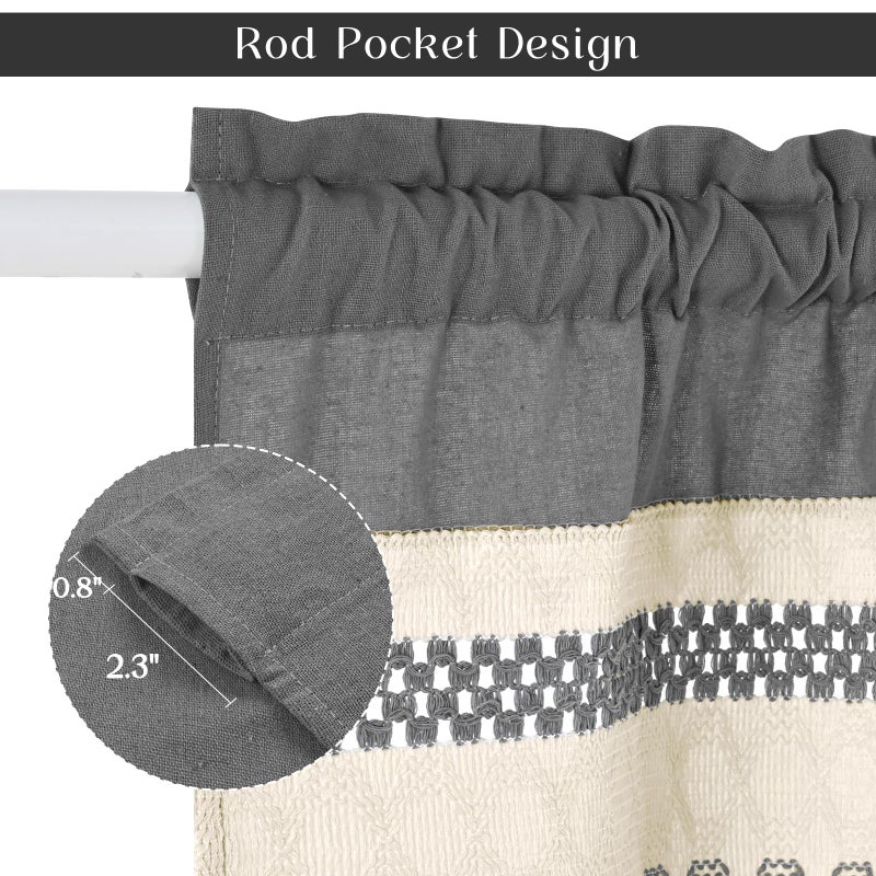 FRAMICS Farmhouse Linen Valance for Windows Boho Crochet Short Curtain with Tassel Country Grey Valance for Kitchen Light Filtering Rod Pocket Window Treatment for Bathroom, 1 Panel, 52" W x 18" L - Image 4