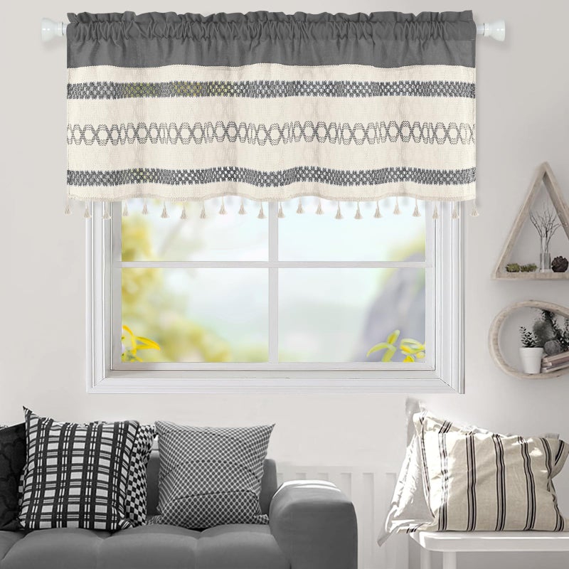 FRAMICS Farmhouse Linen Valance for Windows Boho Crochet Short Curtain with Tassel Country Grey Valance for Kitchen Light Filtering Rod Pocket Window Treatment for Bathroom, 1 Panel, 52" W x 18" L - Image 2