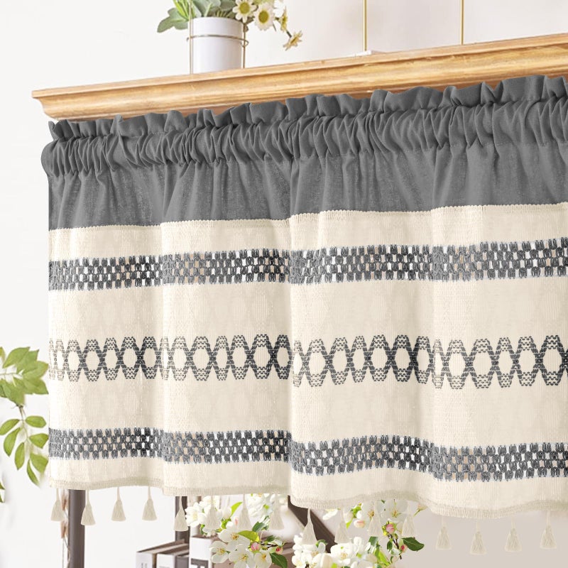 FRAMICS Farmhouse Linen Valance for Windows Boho Crochet Short Curtain with Tassel Country Grey Valance for Kitchen Light Filtering Rod Pocket Window Treatment for Bathroom, 1 Panel, 52" W x 18" L - Image 5