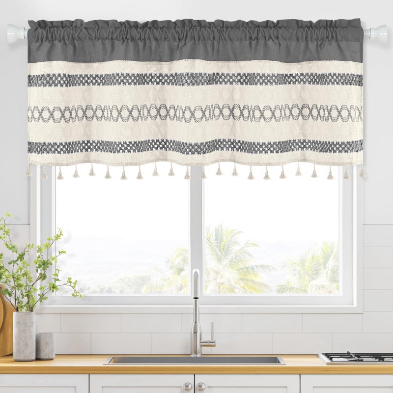 FRAMICS Farmhouse Linen Valance for Windows Boho Crochet Short Curtain with Tassel Country Grey Valance for Kitchen Light Filtering Rod Pocket Window Treatment for Bathroom, 1 Panel, 52" W x 18" L - Image 1