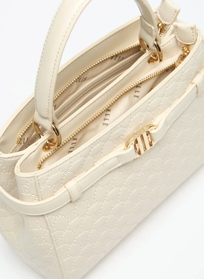 ELLE Women's Monogram Embossed Tote Bag with Zip Closure and Grab Handle