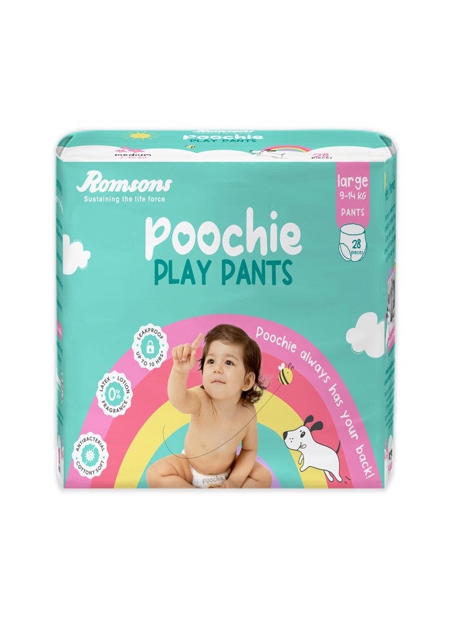 Romsons Poochie Play Pants Baby Diapers - L (28 Pieces) | Suitable for 9-11 KG | 360° Comfort Fit and Leakproof Upto 10 Hrs. - Image 1