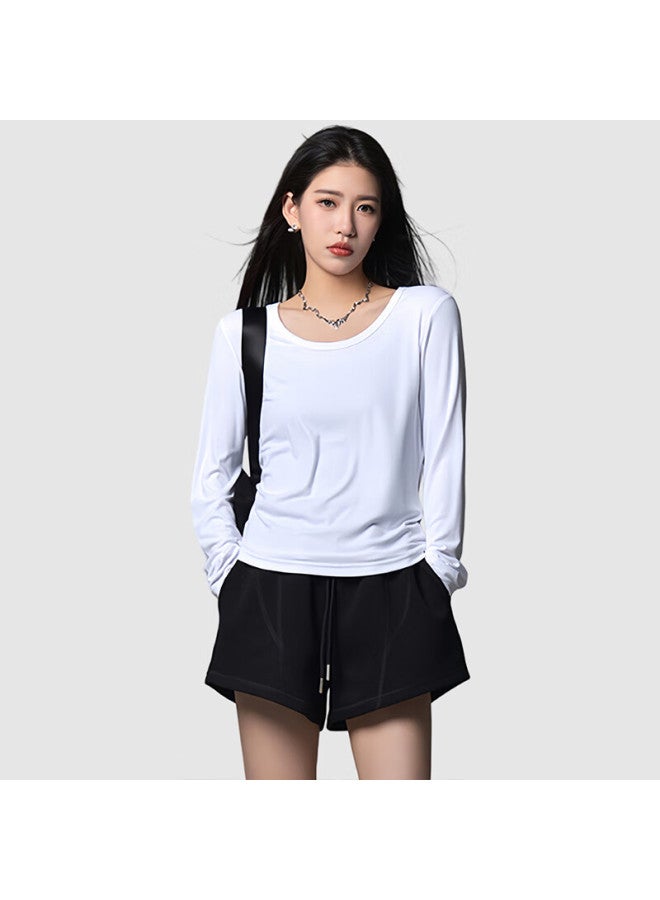 Don't speak Bieyu Women's Crew Neck Long Sleeve T-shirt Spring Autumn Basic Regular Shoulder Versatile Slim Fit Base Layer Top Black 2XL - Image 2