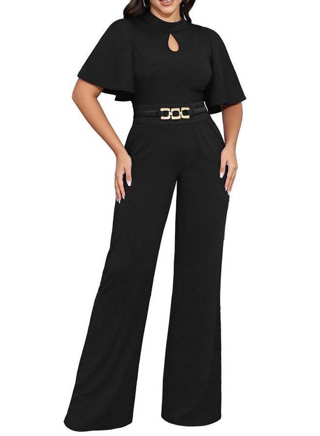 Yiershu Womens Casual Loose Ruffles Short Sleeve Belted Wide Leg Pant Romper Jumpsuit Casual Business One Piece Outfits, Black, XL - Image 1