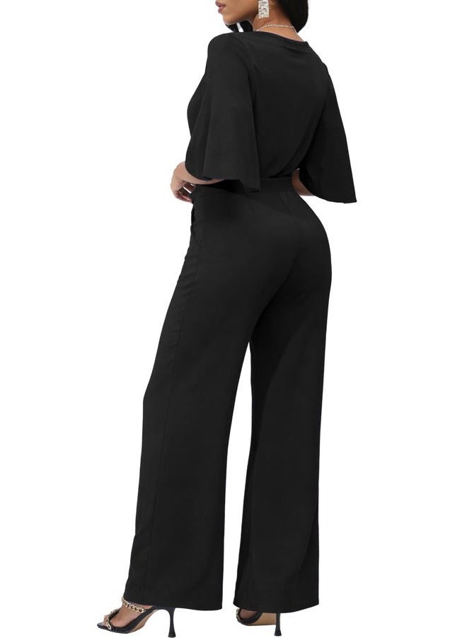 Yiershu Womens Casual Loose Ruffles Short Sleeve Belted Wide Leg Pant Romper Jumpsuit Casual Business One Piece Outfits, Black, XL - Image 2