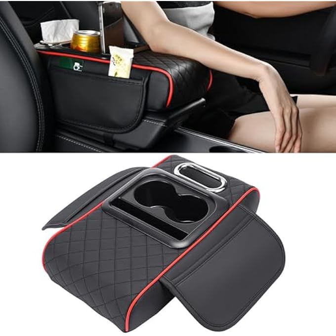 4In1 Car Console Armrest With Cup Holder Phone Storage Tissue Storage And Card Storage Memory Cotton Car Armrest Suitable For Most Cars Black With Red Trim - Image 1