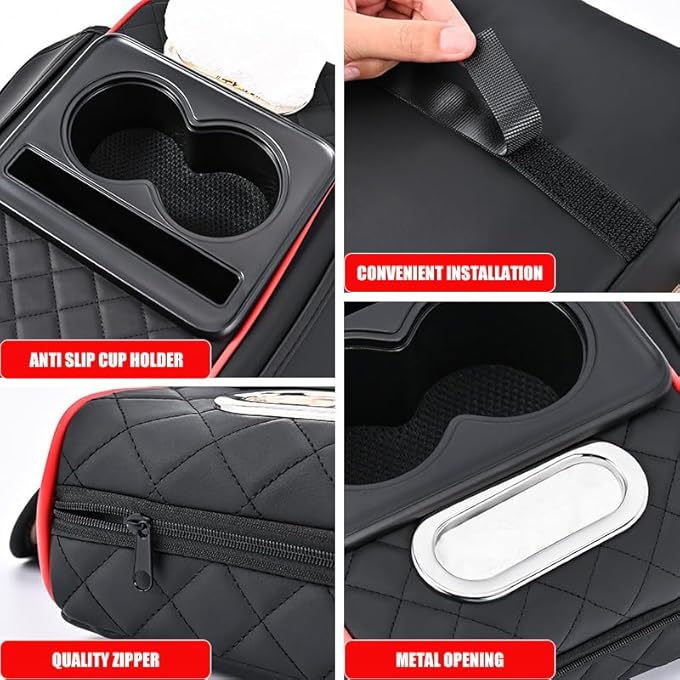 4In1 Car Console Armrest With Cup Holder Phone Storage Tissue Storage And Card Storage Memory Cotton Car Armrest Suitable For Most Cars Black With Red Trim - Image 3