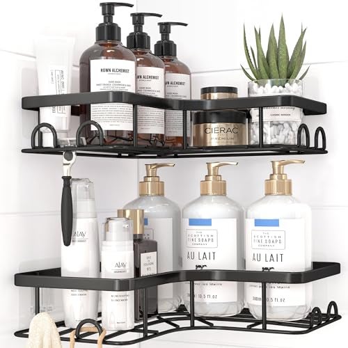 Sakugi Corner Shower Caddy  2 Pack Adhesive Shower Organizers Rustproof Stainless Steel Shower Shelves with 8 Hooks No Drilling Bathroom Organizers and Storage Racks SpaceSaving BlackMedium