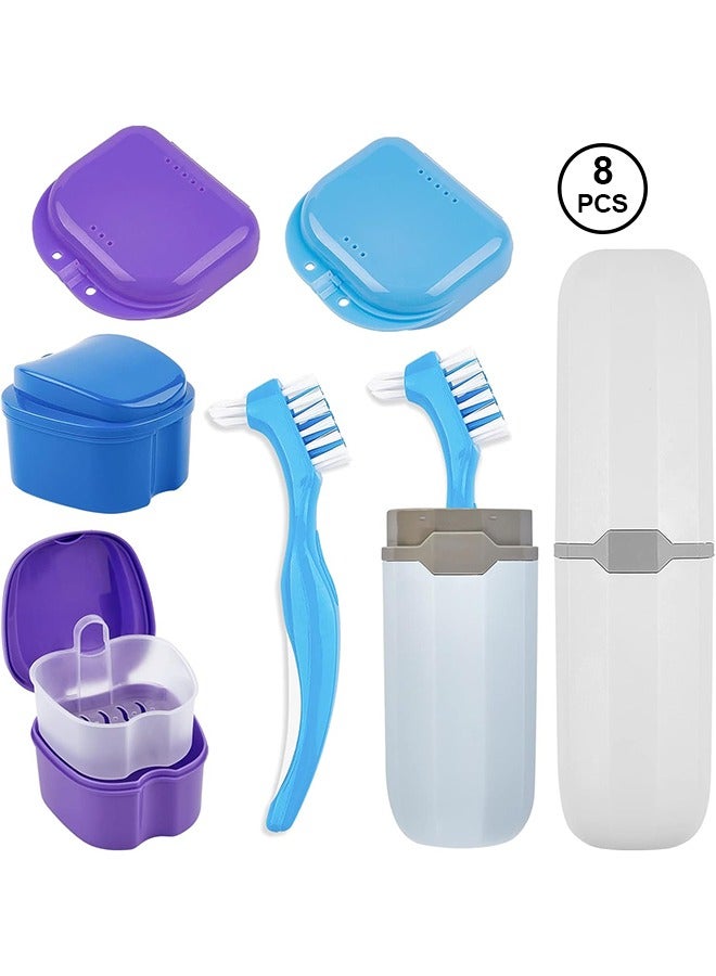 8-Piece Denture Case Kit, 2 Denture Cup with 2 Denture Brush & 2 Portable Brush Box, 2 Retainer Case, Denture Bath Cup with Strainer & Lid for Travel, Storage Soak Cleaner (Blue & Purple) - Image 1