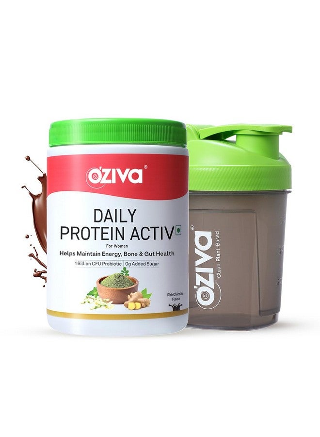 OZiva Daily Protein Activ For Women, For Better Energy, Bone Health & Hormonal Balance, With Clean Protein, Tulsi, & Probiotics for Better Protein Absorption (Chocolate, 300g + Green Shaker) - Image 1