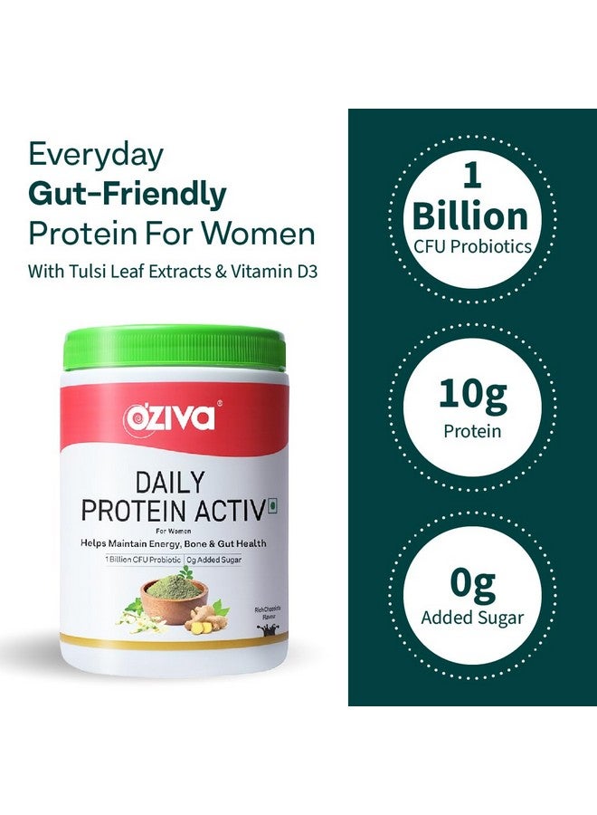 OZiva Daily Protein Activ For Women, For Better Energy, Bone Health & Hormonal Balance, With Clean Protein, Tulsi, & Probiotics for Better Protein Absorption (Chocolate, 300g + Green Shaker) - Image 2