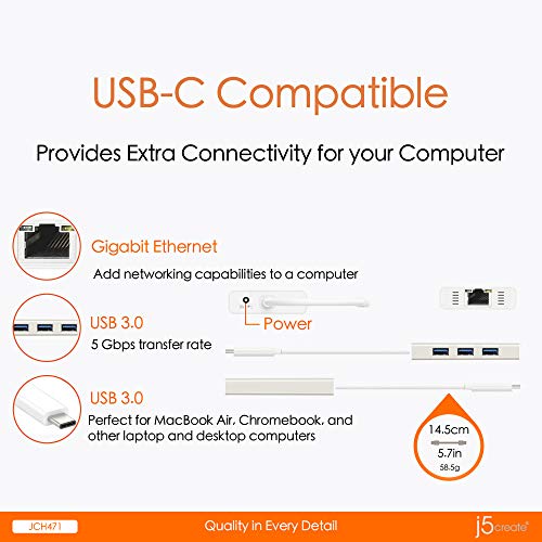 j5create USB Type-C Hub Adapter with Gigabit Ethernet and 3X USB 3.0 Ports - Image 4