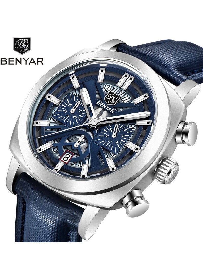 BENYAR Watches for Men Luxury Quartz Water Resistant Watch Men's Chronograph Genuine Leather Strap 5205 Blue - Image 2