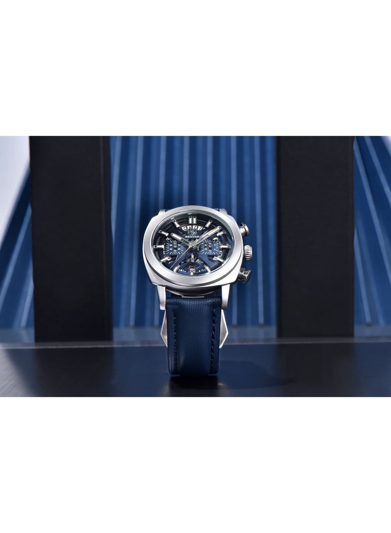 BENYAR Watches for Men Luxury Quartz Water Resistant Watch Men's Chronograph Genuine Leather Strap 5205 Blue - Image 4