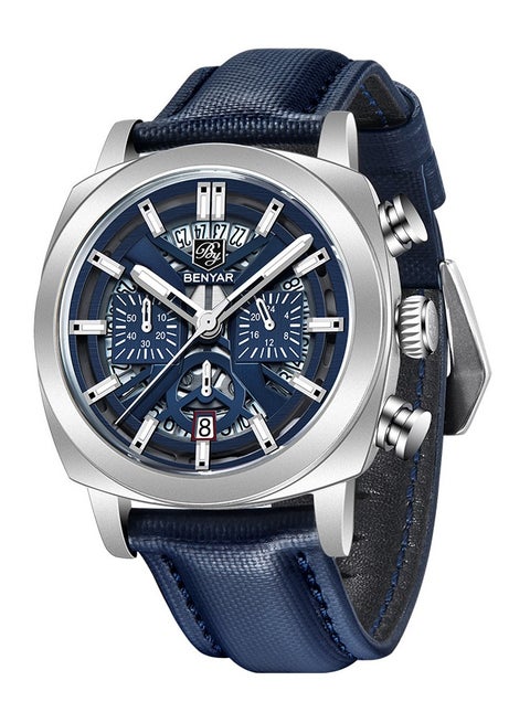 Watches for Men Luxury Quartz Water Resistant Watch Men's Chronograph Genuine Leather Strap 5205 Blue