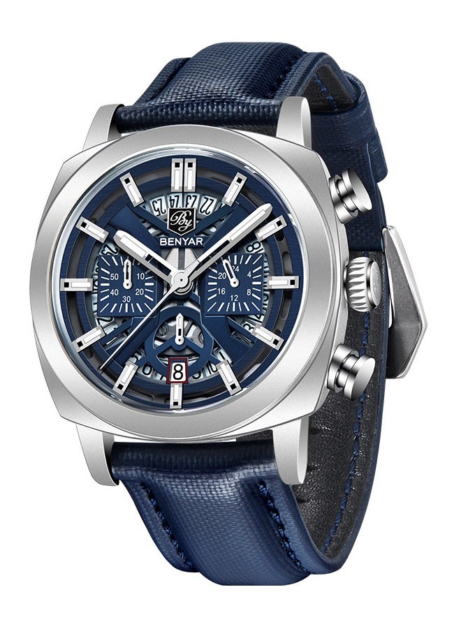 BENYAR Watches for Men Luxury Quartz Water Resistant Watch Men's Chronograph Genuine Leather Strap 5205 Blue - Image 1