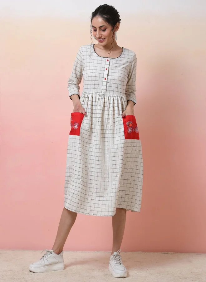 أيه كيه إس Checked Cotton Midi Dress for Women