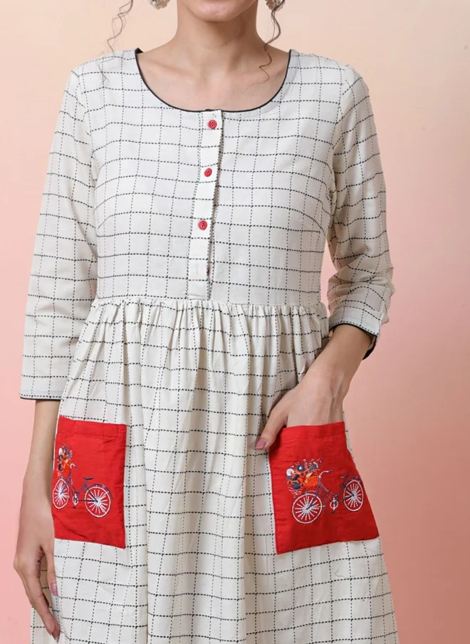 أيه كيه إس Checked Cotton Midi Dress for Women