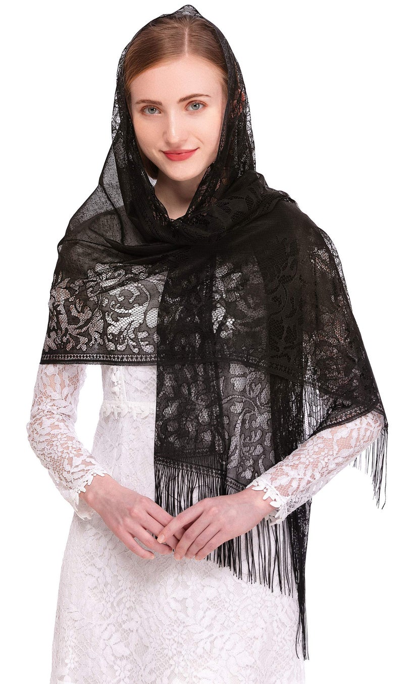 PAMOR Chapel Veil Scarf Mantilla Veils Rectangular Wrap Shawl Mass Head Covering with Fringe Trim (Black) - Image 2