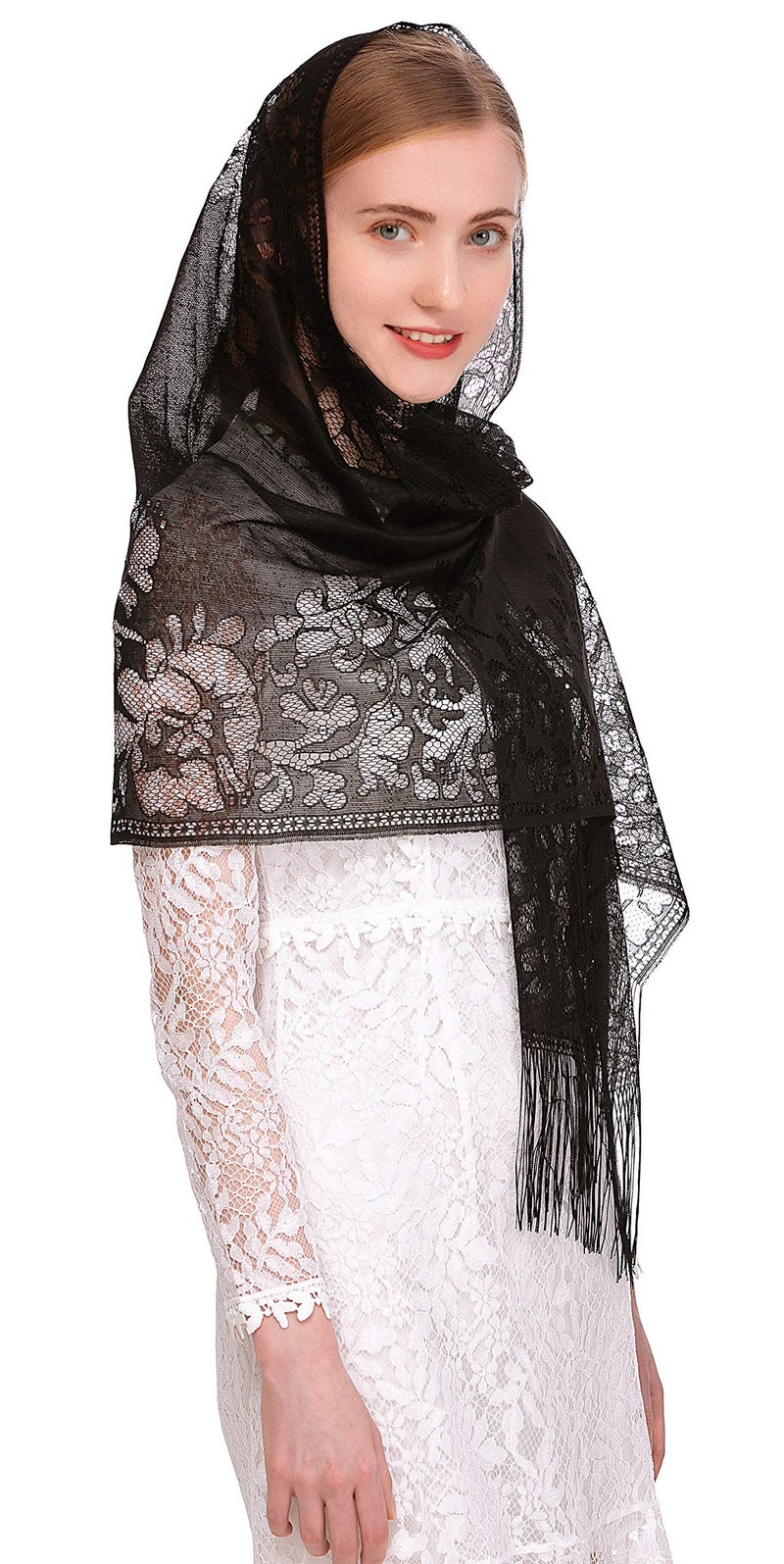 PAMOR Chapel Veil Scarf Mantilla Veils Rectangular Wrap Shawl Mass Head Covering with Fringe Trim (Black) - Image 3
